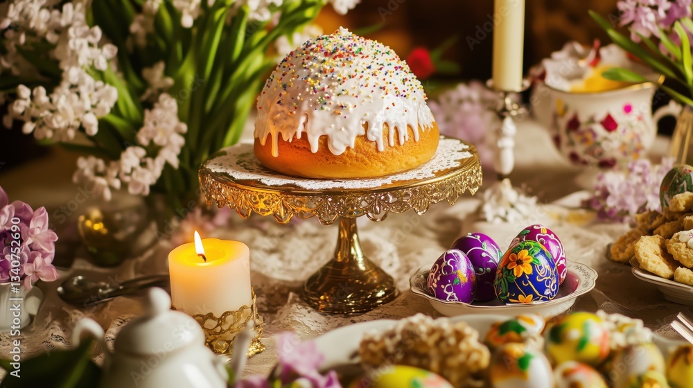 Naklejka premium Festive Easter table decorated with cakes, eggs and spring flowers