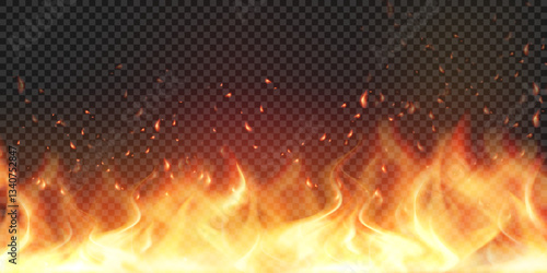Orange realistic flame with smoke isolated on transparent background