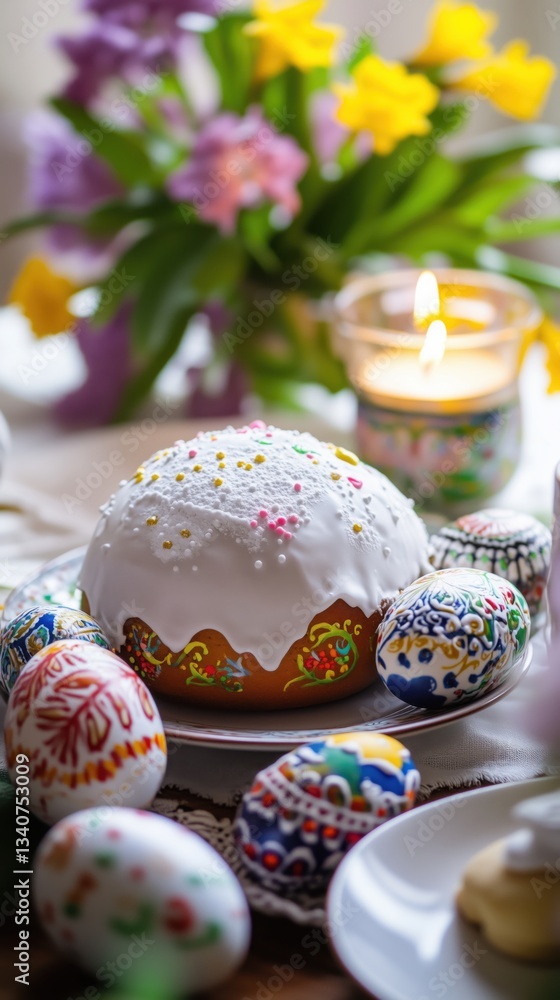 Easter background, festive Easter table decorated with cakes, eggs and spring flowers Easter background, festive Easter table decorated with cakes, eggs and spring flowers