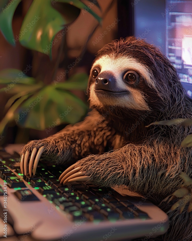 Fototapeta premium A sloth lounging on a keyboard, pressing keys slowly with claws