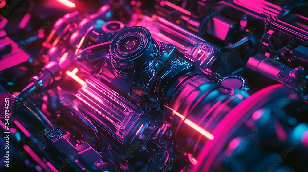 Engine Technology Close-up with Neon Lighting Abstract Metallic Detail Engine Technology Close-up with Neon Lighting Abstract Metallic Detail