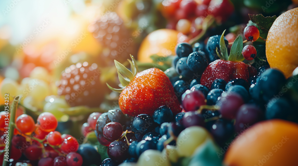 vibrant close up of assorted fresh fruits, including strawberries, blueberries, and grapes, glistening with water droplets in sunlight, creating refreshing and appetizing display vibrant close up of assorted fresh fruits, including strawberries, blueberries, and grapes, glistening with water droplets in sunlight, creating refreshing and appetizing display