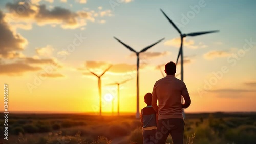Silhouette of Father and Son Watching Wind Turbines at Sunset
