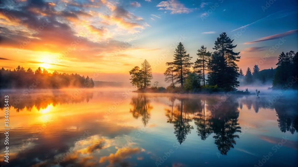 Serene Sunrise Mist Over Calm Lake, Reflective Trees & Sky - Peaceful Dawn Landscape Stock Photo Serene Sunrise Mist Over Calm Lake, Reflective Trees & Sky - Peaceful Dawn Landscape Stock Photo