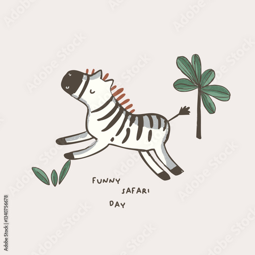 Cute  safari and tropical animals elephant giraffe lion tiger turtle zebra leopard palm graphic tee design for kids market as vector
