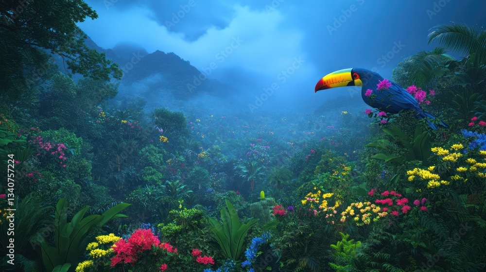 Obraz premium Serene Toucan Paradise: A Vibrant Tropical Landscape
