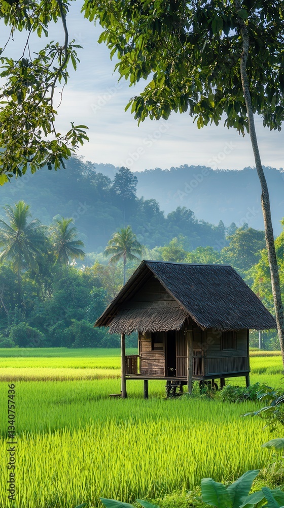 Fototapeta premium Remote Thai countryside, isolated wooden hut with thatch roof, surrounded by rice paddies, green fields, trees swaying in the breeze, peaceful morning