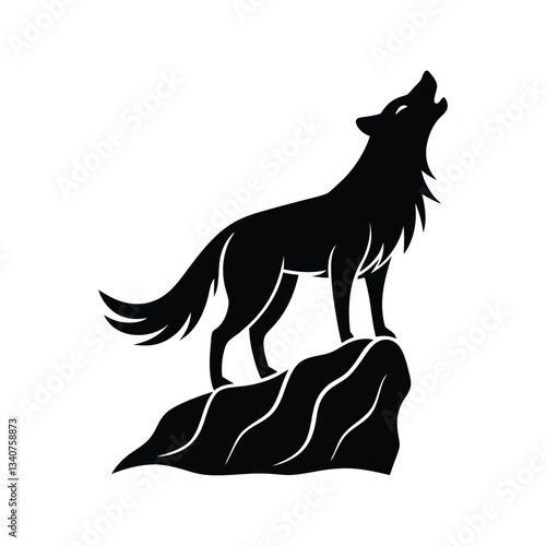 Silhouette vector art illustration of a white wolf standing on a rocky cliff.eps