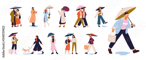 People walk with umbrella set. Men and women hide from rain under parasols outdoors. Characters stroll at rainy weather with brolly, raincoat. Flat isolated vector illustrations on white background