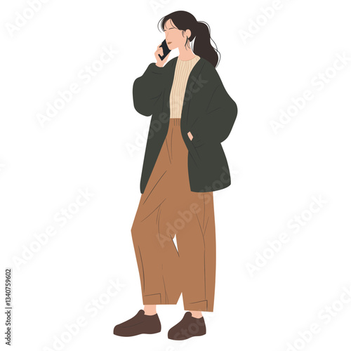 Woman talking on phone illustration clothing overcoat vector
