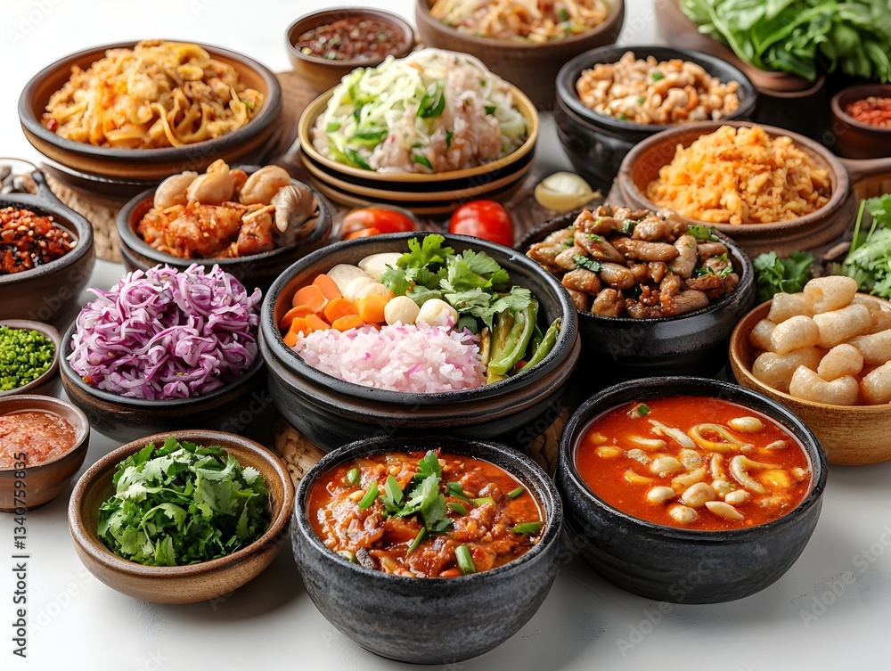 Fototapeta premium A vibrant spread of diverse Asian cuisine dishes includes noodles, rice, meat, and vegetables in rustic bowls on a white background.