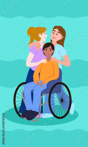 Two young women supporting disabled boy in wheelchair