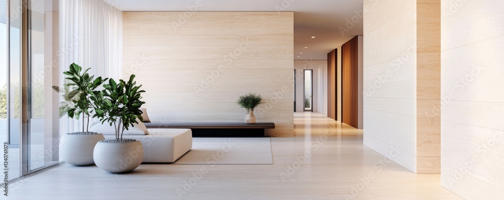 Fototapeta premium Modern penthouse with seamless travertine cladding, warm and refined aesthetic