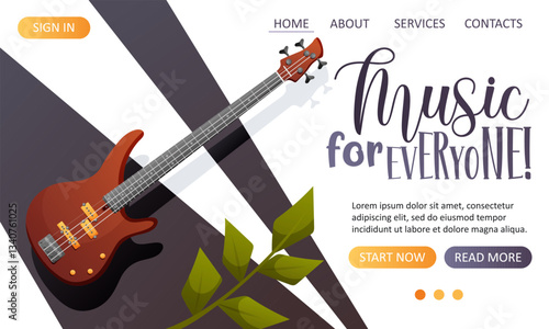 Vector web template featuring a bass guitar on a dark background with leaves for a music website, poster, or recording studio