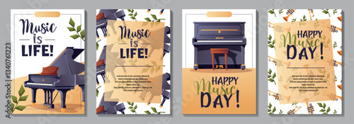 A set of four vector flyers featuring a grand piano, upright piano, trumpet, and saxophone for a music festival or concert