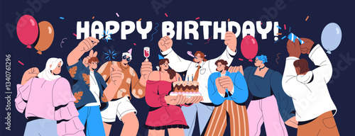 Design of greeting postcard with Happy Birthday and festive party. Congratulation banner template with anniversary celebration with holiday cake, friends, confetti, balloons. Flat vector illustration