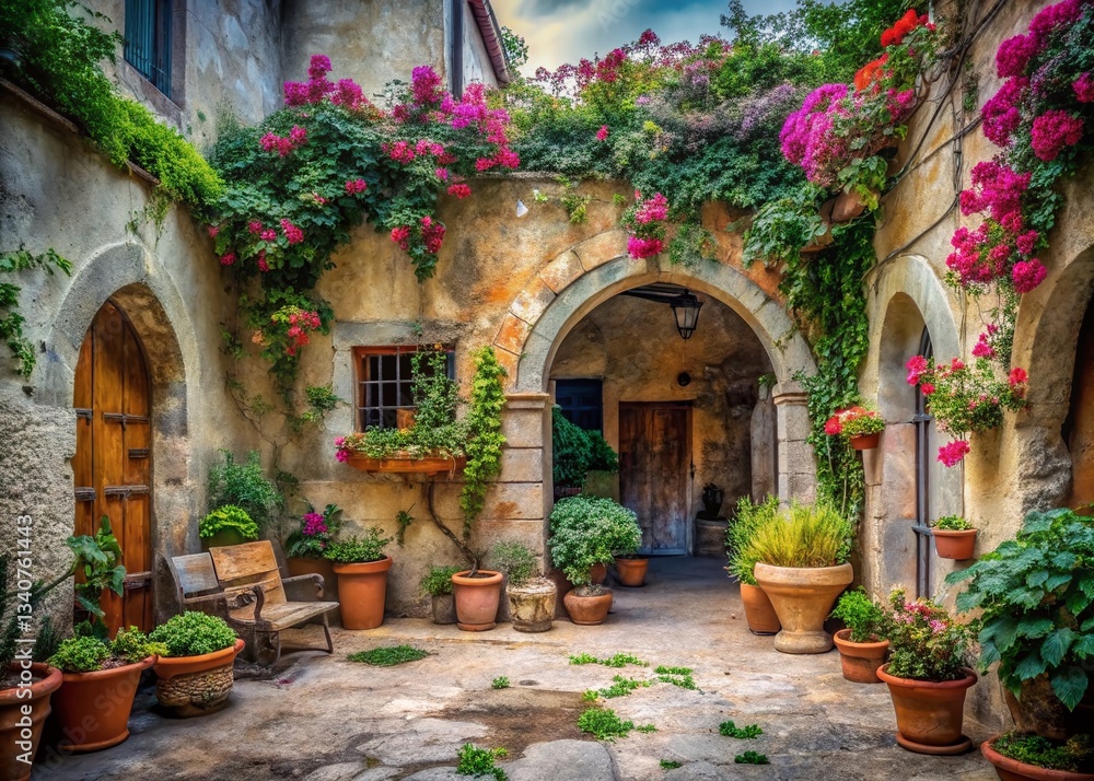 Fototapeta premium Shabby Chic Courtyard: Stone Archways, Floral Decor, Long Exposure Photography
