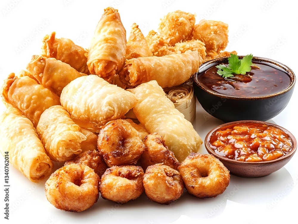 A delicious assortment of crispy fried appetizers including sp rolls and savory donuts served with two dipping sauces. A delicious assortment of crispy fried appetizers including sp rolls and savory donuts served with two dipping sauces.