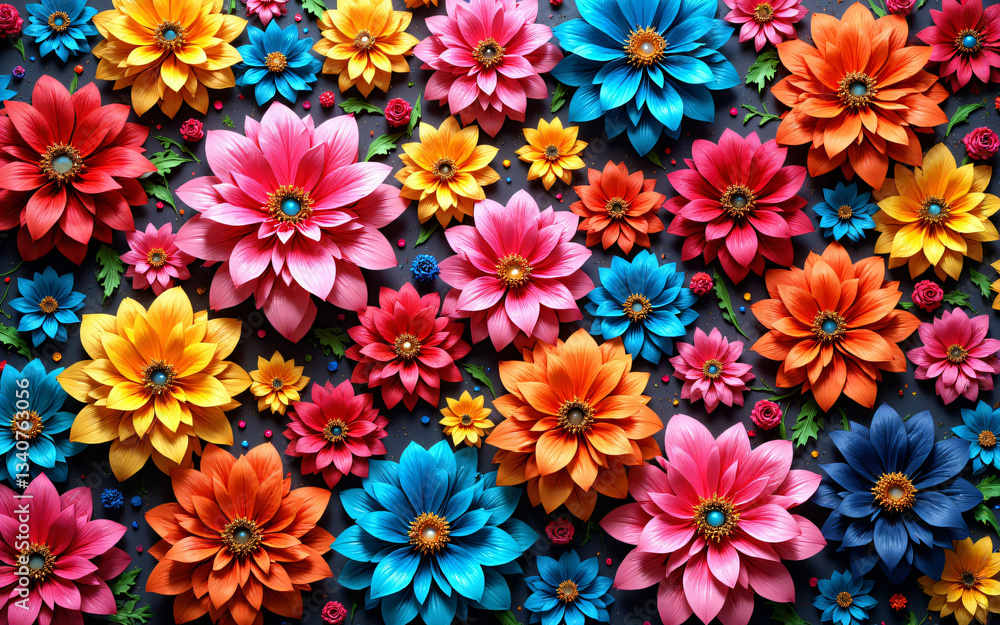 Fototapeta premium A vibrant, colorful display of various sized paper flowers creating a cheerful and festive floral arrangement against a dark surface.