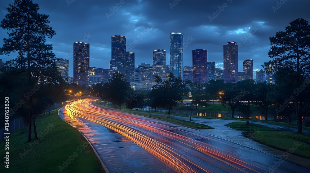 Obraz premium Vibrant City Skyline at Dusk with Dynamic Light Trails Illustrating Urban Mobility