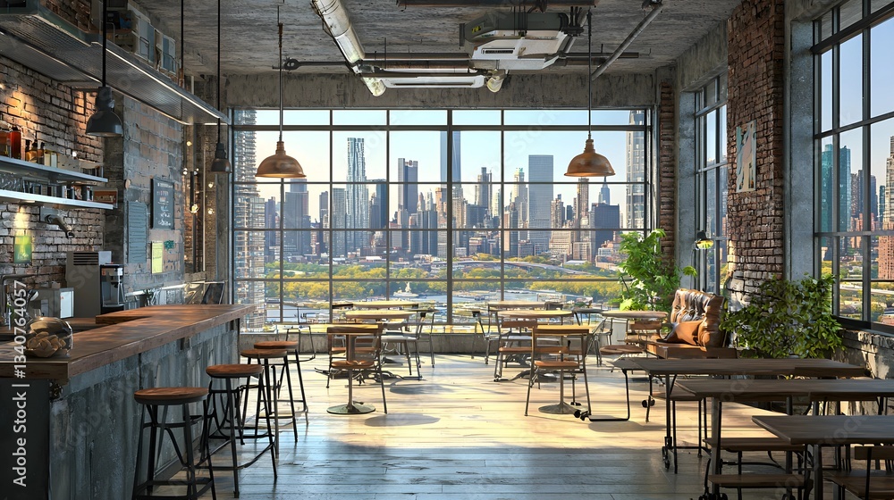 Fototapeta premium Industrial Office Design with Skyline View