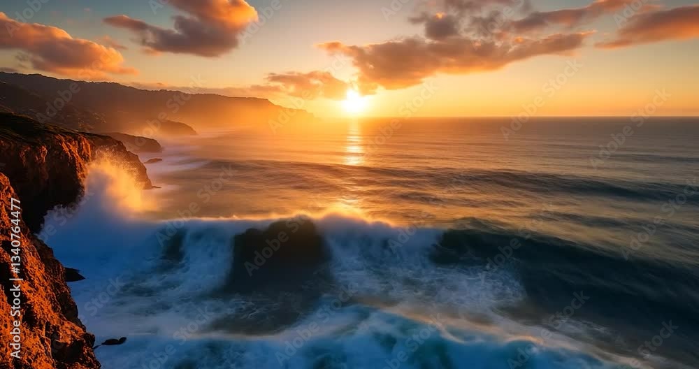 Ocean waves crashing against a coastal cliff at sunset with orange and blue hues. The sun sets over the water creating a beautiful scenic view Ocean waves crashing against a coastal cliff at sunset with orange and blue hues. The sun sets over the water creating a beautiful scenic view