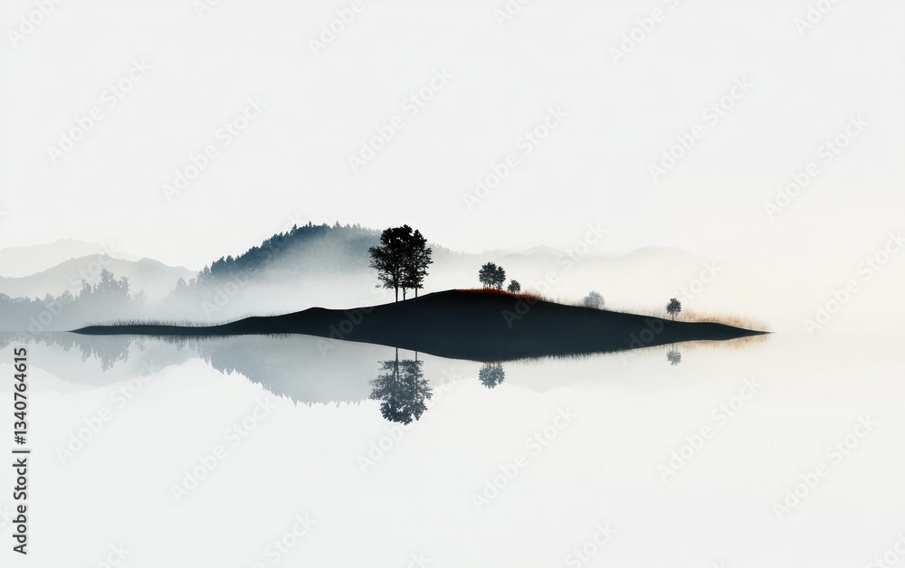Fototapeta premium Misty Morning Landscape with Silhouetted Island Reflected in Calm Lake