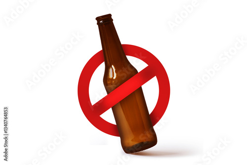 Beer bottle with prohibition sign on white background - Alcohol ban concept