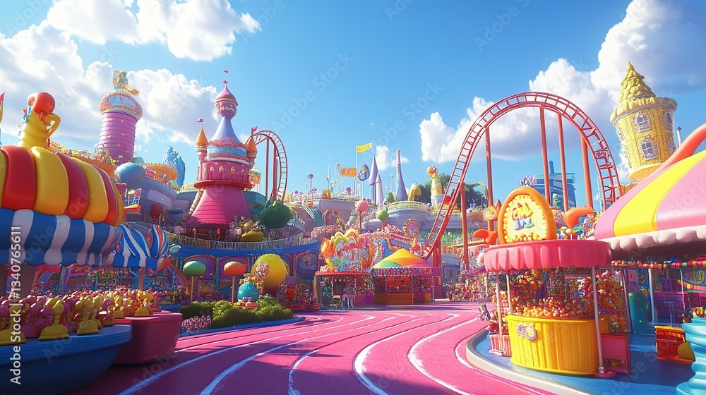 Colorful amusement park with roller coaster and attractions under blue sky. Ai generative Colorful amusement park with roller coaster and attractions under blue sky. Ai generative