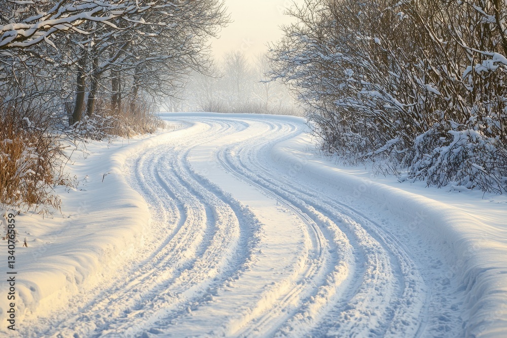 Seasonal Effects on Road Surfaces Concept. Snowy winding path through trees in a tranquil winter landscape Seasonal Effects on Road Surfaces Concept. Snowy winding path through trees in a tranquil winter landscape