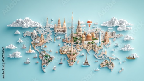 Fototapeta Naklejka Na Ścianę i Meble -  World Landmarks: A 3D Miniature Map of Global Travel Destinations