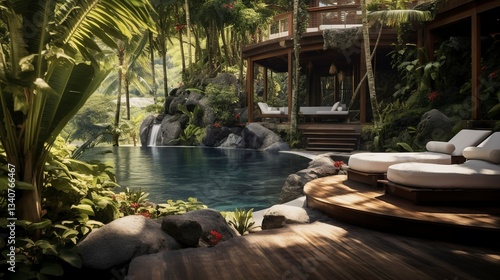 A photo of a wellness retreat in a tropical paradise.