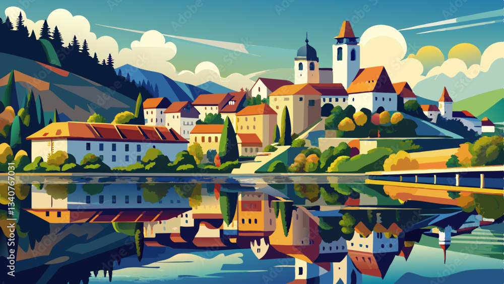 Naklejka premium Reflection of Sevnica over Sava river, Slovenia.