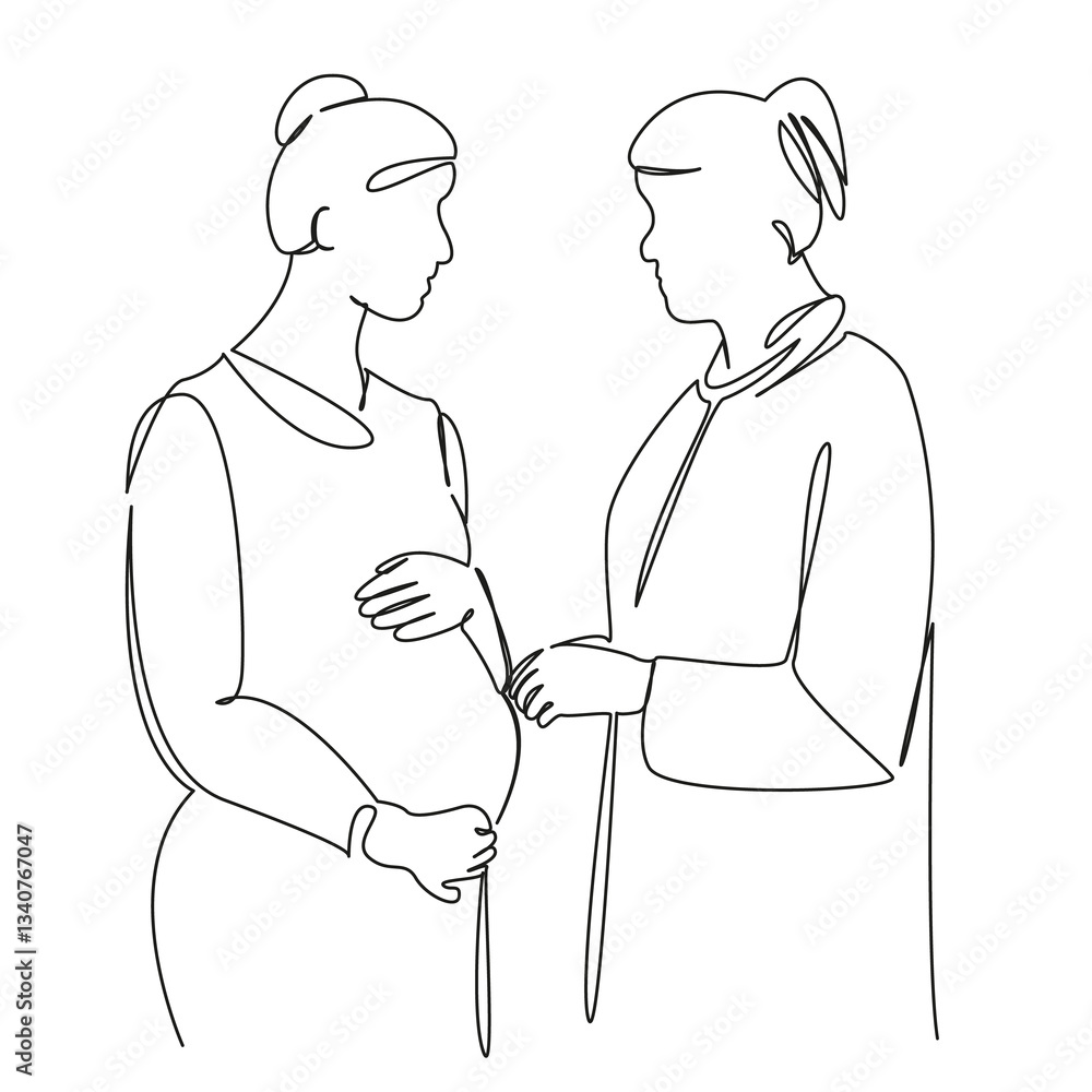 One continuous single drawing line art flat doodle doctor, pregnant, mother, woman, hospital, female, health care. Isolated image hand draw contour on a white background, hand drawn, not AI One continuous single drawing line art flat doodle doctor, pregnant, mother, woman, hospital, female, health care. Isolated image hand draw contour on a white background, hand drawn, not AI