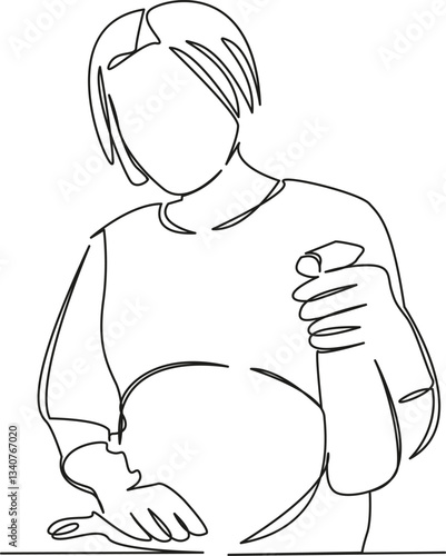 One continuous single drawing line art flat doodle cleaning, housework, woman, lifestyle, mother, hygiene, pregnancy. Isolated image hand draw contour on a white background, hand drawn, not AI