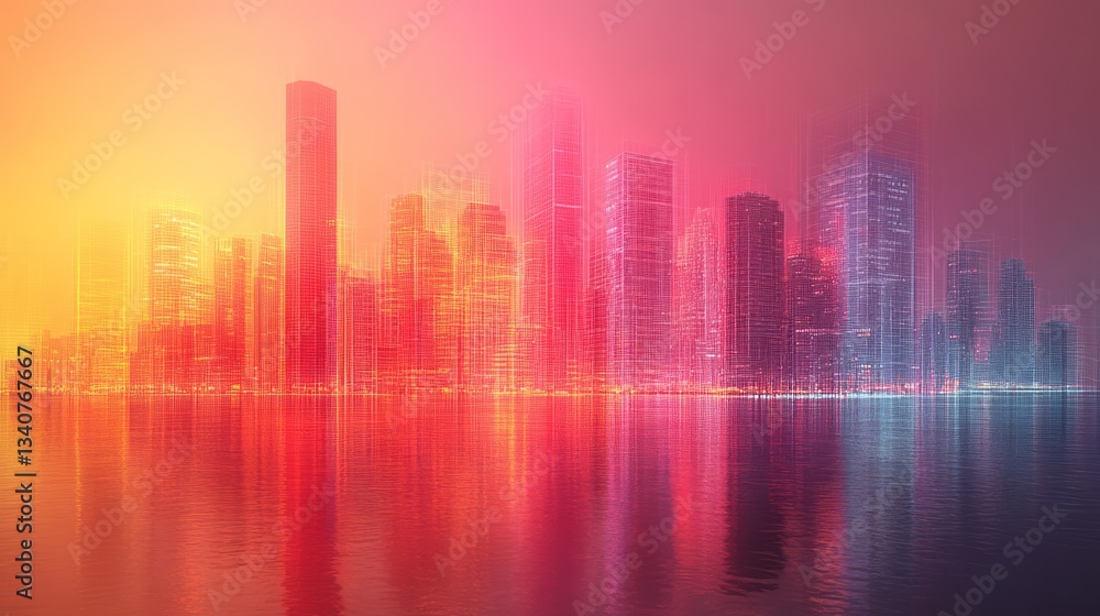 Abstract cityscape with vibrant colors reflected on water surface Abstract cityscape with vibrant colors reflected on water surface