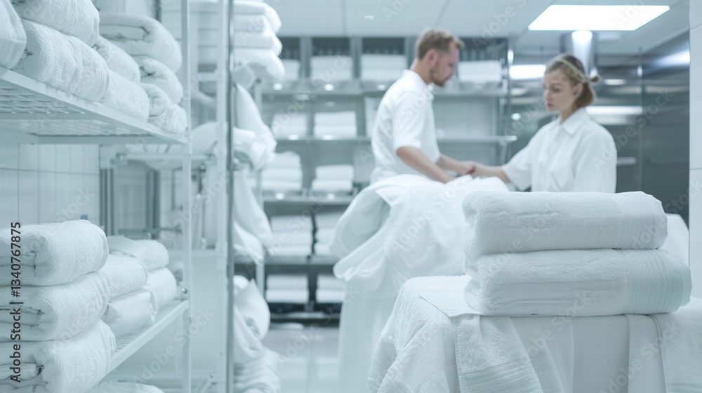 Obraz premium Professional hotel maids in uniforms performing cleaning and room service tasks.