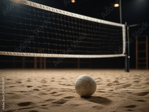 Realistic Indoor Volleyball Court with Detailed Net and Sturdy End Posts in Atmospheric Lighting