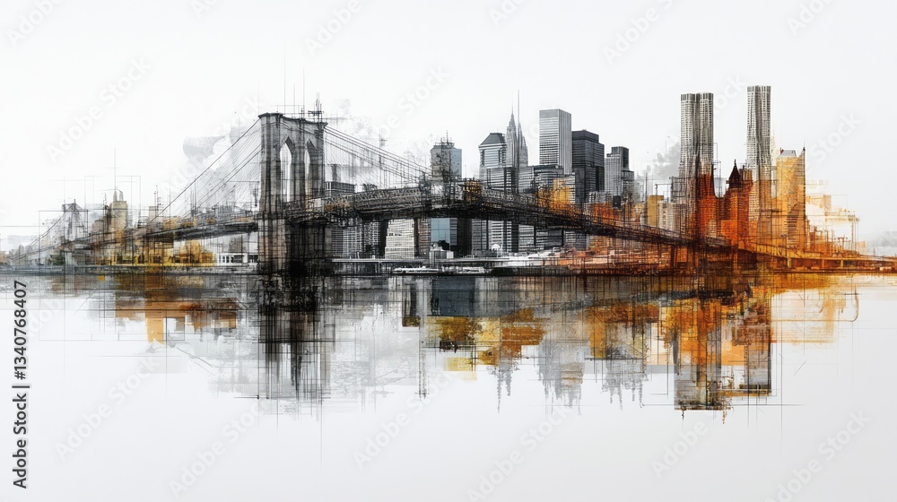Fototapeta premium Artistic rendering depicts the Brooklyn Bridge and New York skyline