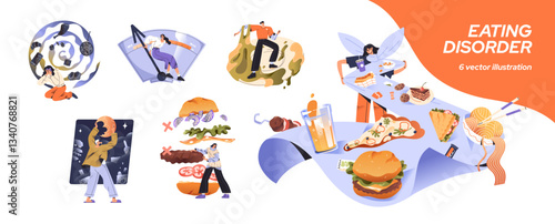 Concept set of eating disorders. People with psychological problem, addiction are overeating. Characters binge consume food for stress, troubles. Flat isolated vector illustrations on white background