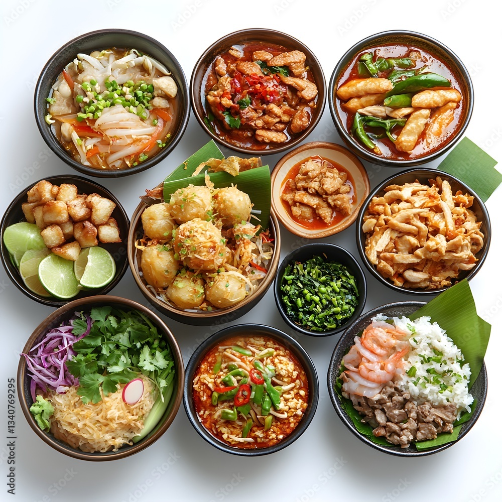 A delectable array of Asian cuisine dishes including noodles, rice, curries, and various appetizers is presented in dark bowls on a white background. A delectable array of Asian cuisine dishes including noodles, rice, curries, and various appetizers is presented in dark bowls on a white background.