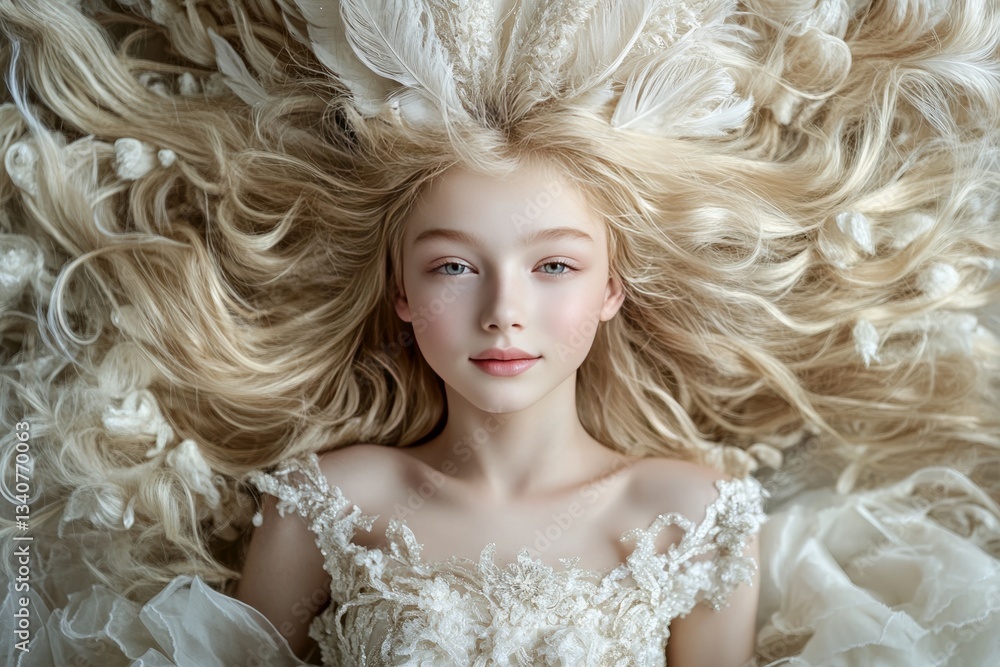 Fototapeta premium A LGBTQ , gender netural of an full body portrait shot of a teenage boy with wedding long hair women's wedding hair style and full makeup and light-skinned and likely of Caucasian