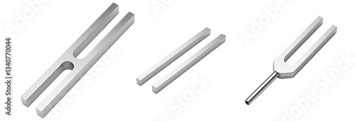 Three silver tuning forks and two metal bars on a smooth surface transparent background