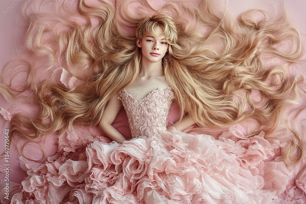 Fototapeta premium A LGBTQ , gender netural of an full body portrait shot of a teenage boy with wedding long hair women's wedding hair style and full makeup and light-skinned and likely of Caucasian