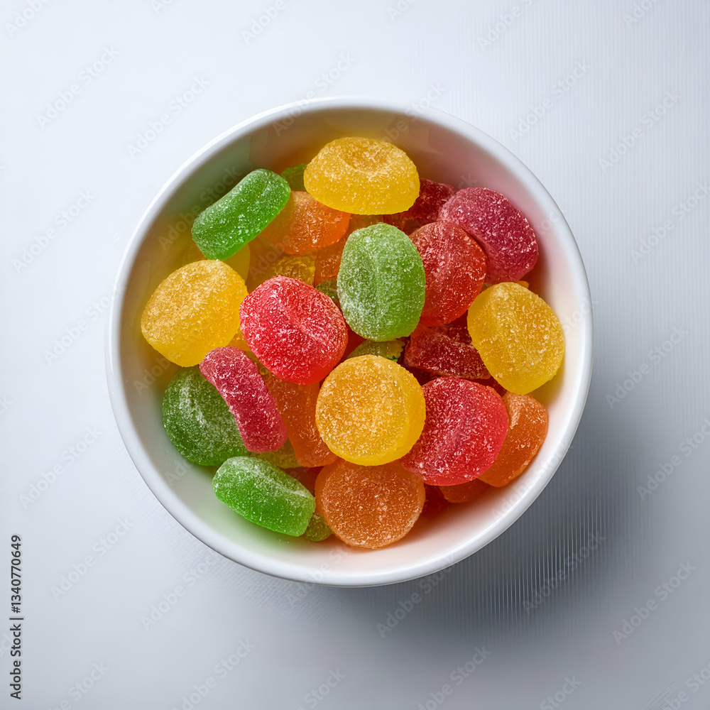 A Bowl Overflowing With Vibrant, Sugary Jelly Candies, A Delightful Treat Of Red, Green, And Yellow In A Simple White Bowl A Bowl Overflowing With Vibrant, Sugary Jelly Candies, A Delightful Treat Of Red, Green, And Yellow In A Simple White Bowl