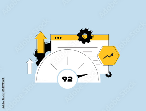 Website speed test with performance optimization, fast loading speed, and responsive web pages. Analyze website speed for user experience and SEO ranking. Isolated vector illustration with icons