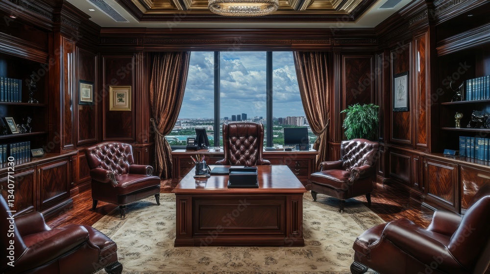 A luxury executive office suite with rich wood paneling, leather furniture, and a breathtaking view A luxury executive office suite with rich wood paneling, leather furniture, and a breathtaking view