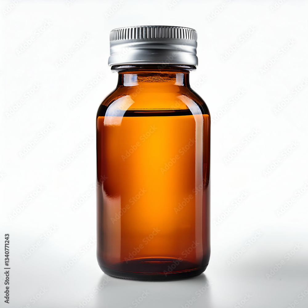 A Sleek Amber Bottle Filled With A Golden Liquid, Ready For Its Purpose, Showcasing A Simple Yet Elegant Design With A Silver Cap Against A Bright White Background A Sleek Amber Bottle Filled With A Golden Liquid, Ready For Its Purpose, Showcasing A Simple Yet Elegant Design With A Silver Cap Against A Bright White Background