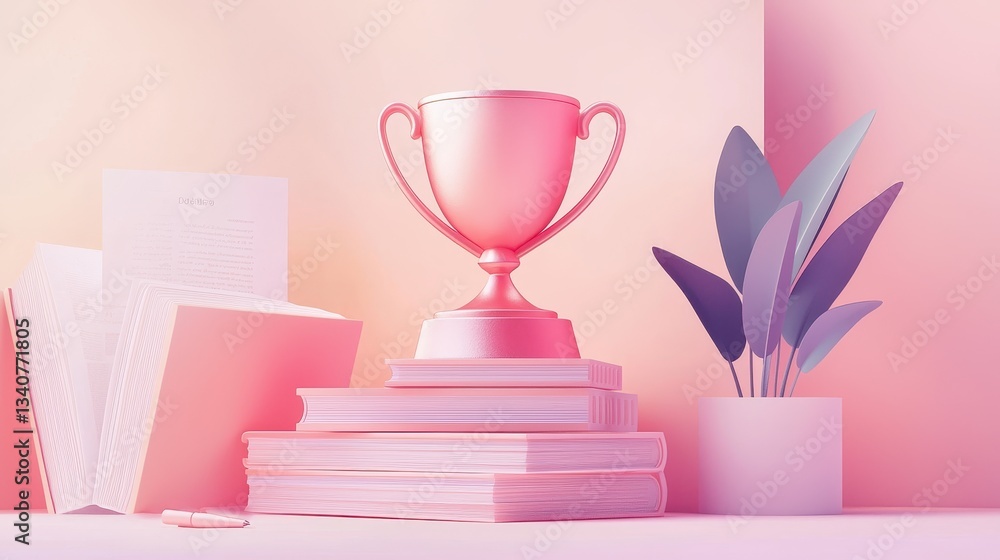 Rose-Gold Trophy Resting on Stack of Pale Pink Books with Quill and Potted Plant Rose-Gold Trophy Resting on Stack of Pale Pink Books with Quill and Potted Plant