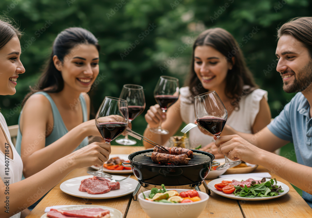 Young group having a fun outdoor barbecue party with red wine and grilled meat Young group having a fun outdoor barbecue party with red wine and grilled meat
